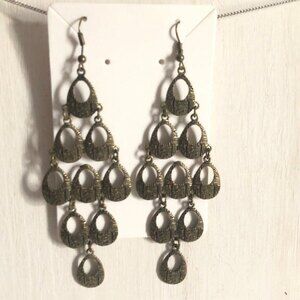 Textured Antiqued Gold Tone Open Teardrop Dangle Earrings